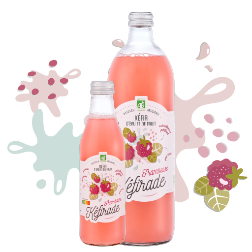 Bouteilles kéfir de fruits Kéfirade goût framboise, 25cl et 75cl
